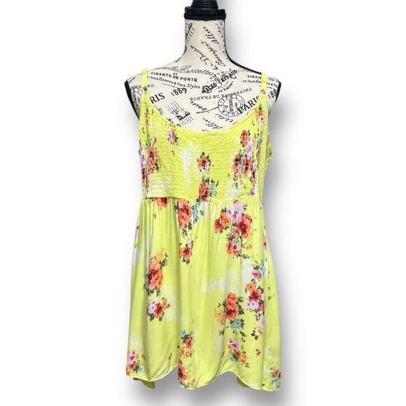 Torrid 2X Lime Green Floral Tank Top Smocked Babydoll Cami Boho Challis Summer - Picture 2 of 9